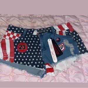 Patriotic Star-Patterned Denim Shorts